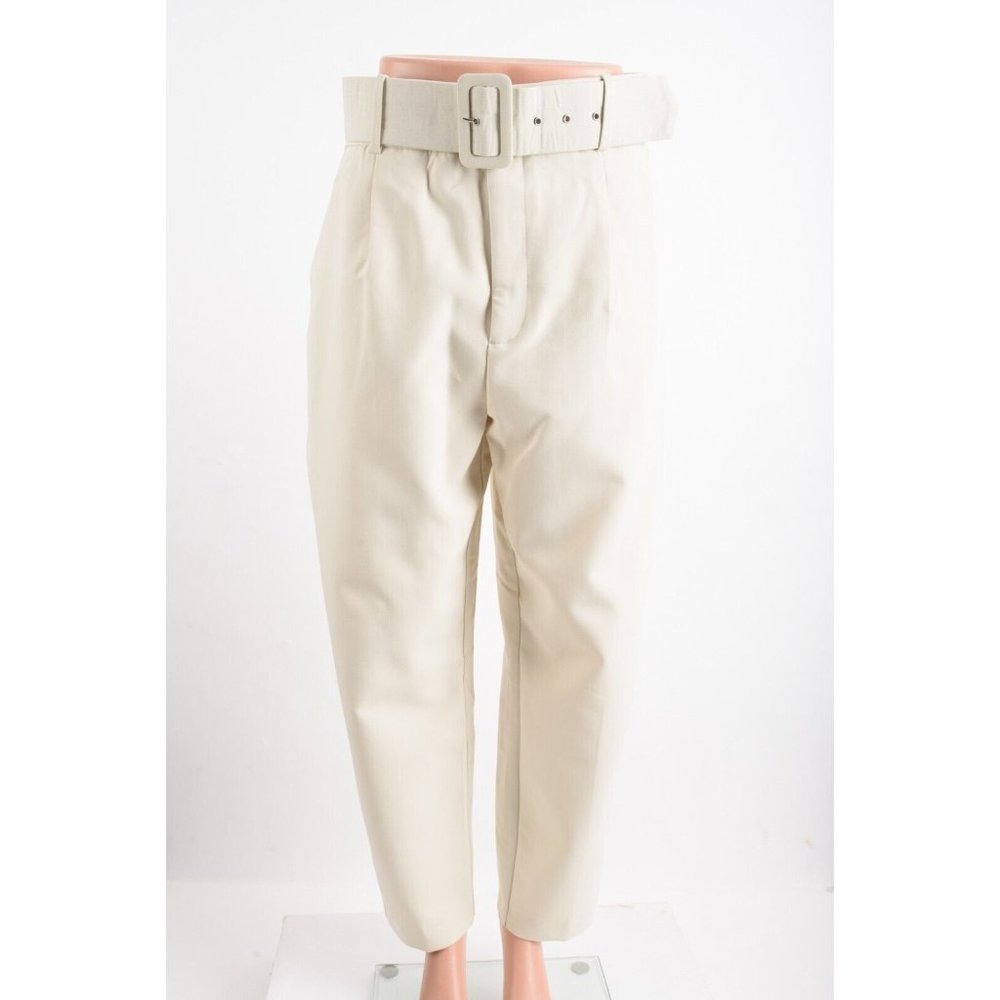 Zara High Waisted Belted Ankle Pants Trousers L Ivory Ecru 1478/430